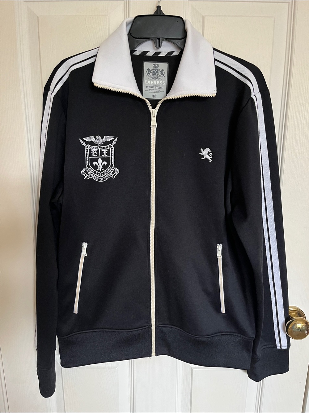 Express Black and White Zip-Front Track Jacket